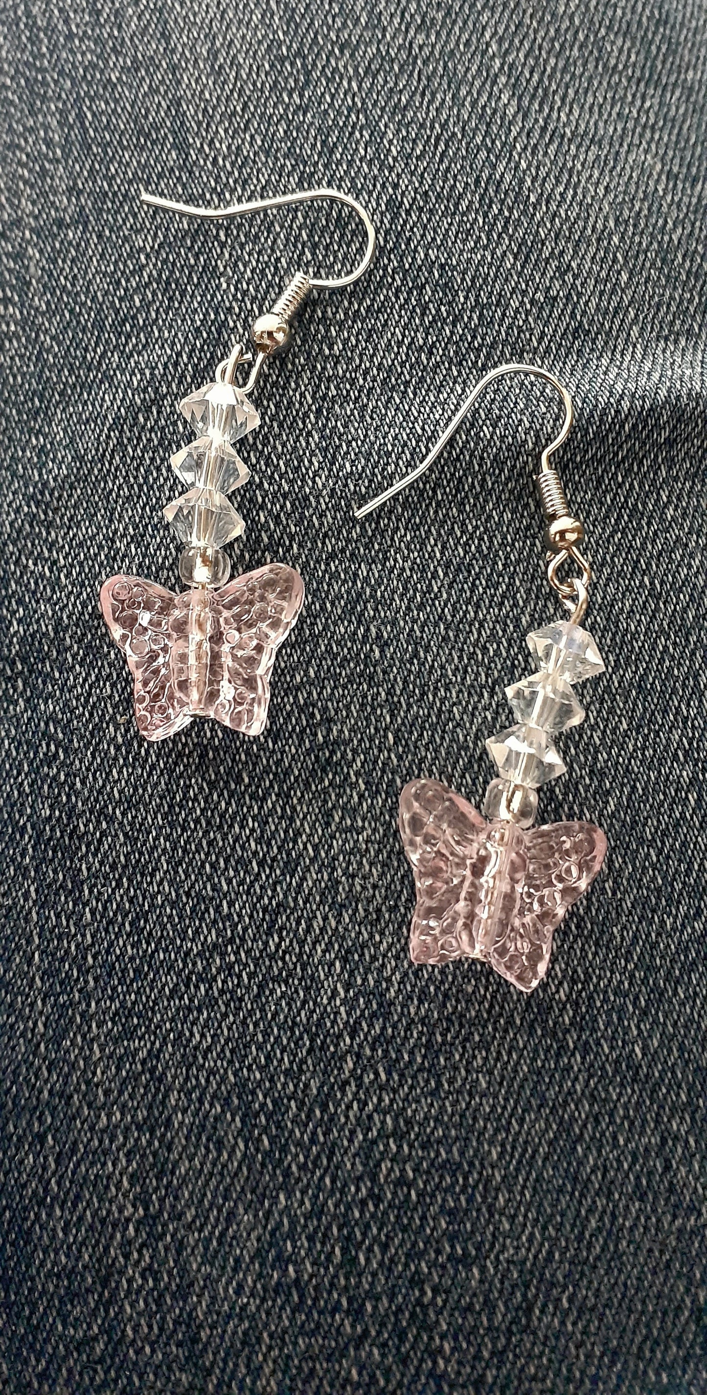 Pink Glass Butterfly Drop Earrings, 1.75" L