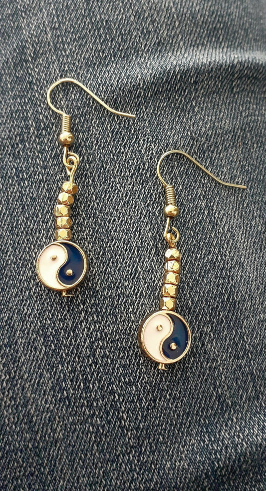 Ying-Yang Beaded Drop Earrings, 1" L