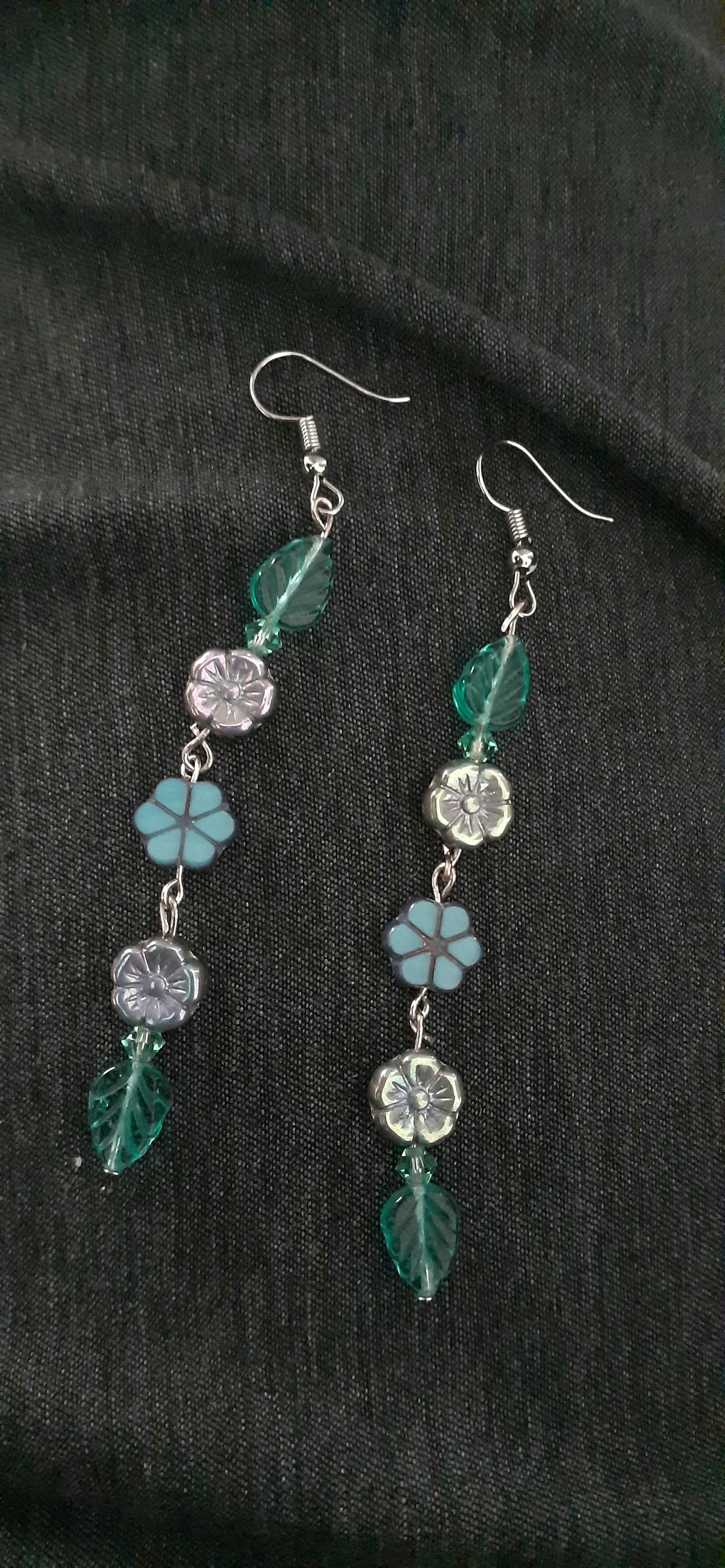 "Blue Hotel" Flowers & Leaves Dangle Earrings, 3" L