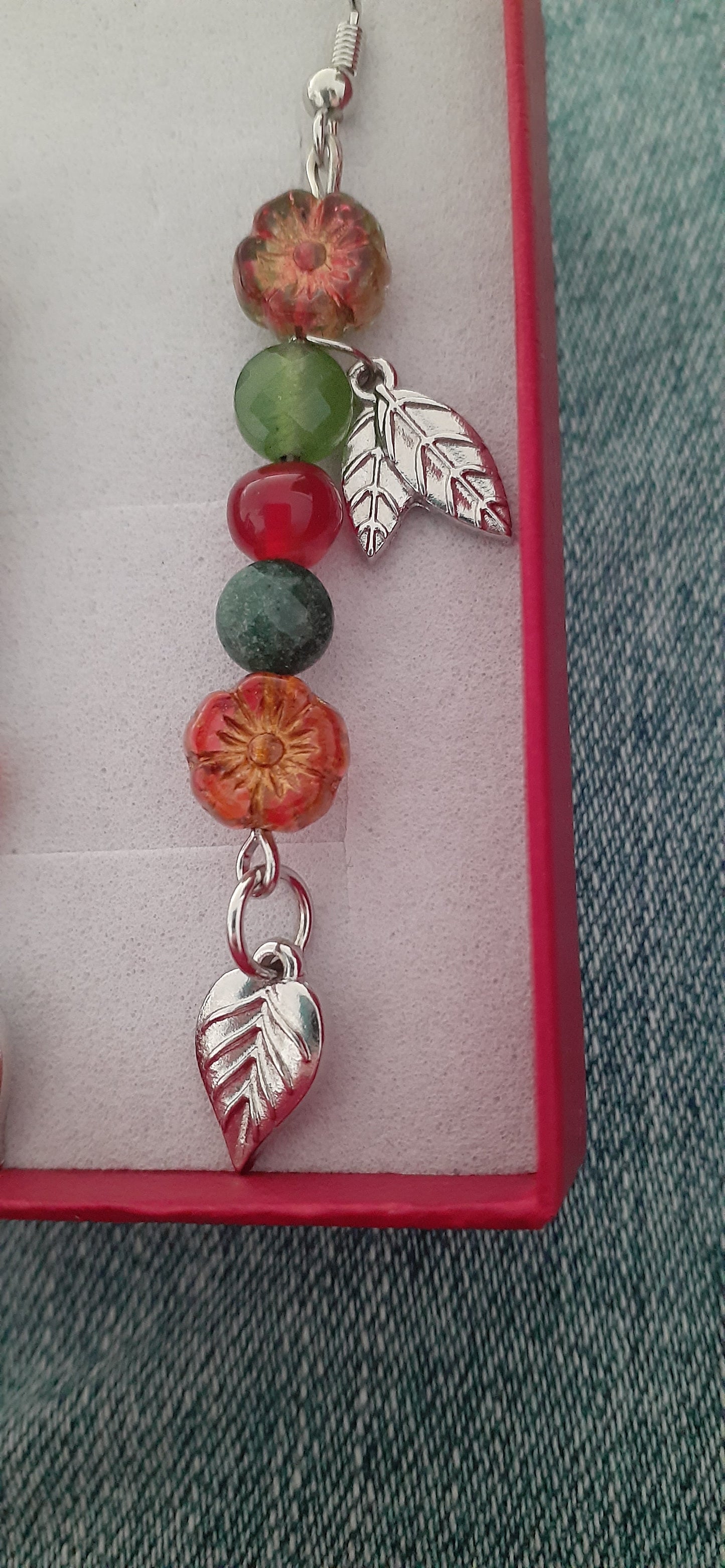 "Falling Into You" beaded drop earrings w/ leaf charms; Approx. 3" L