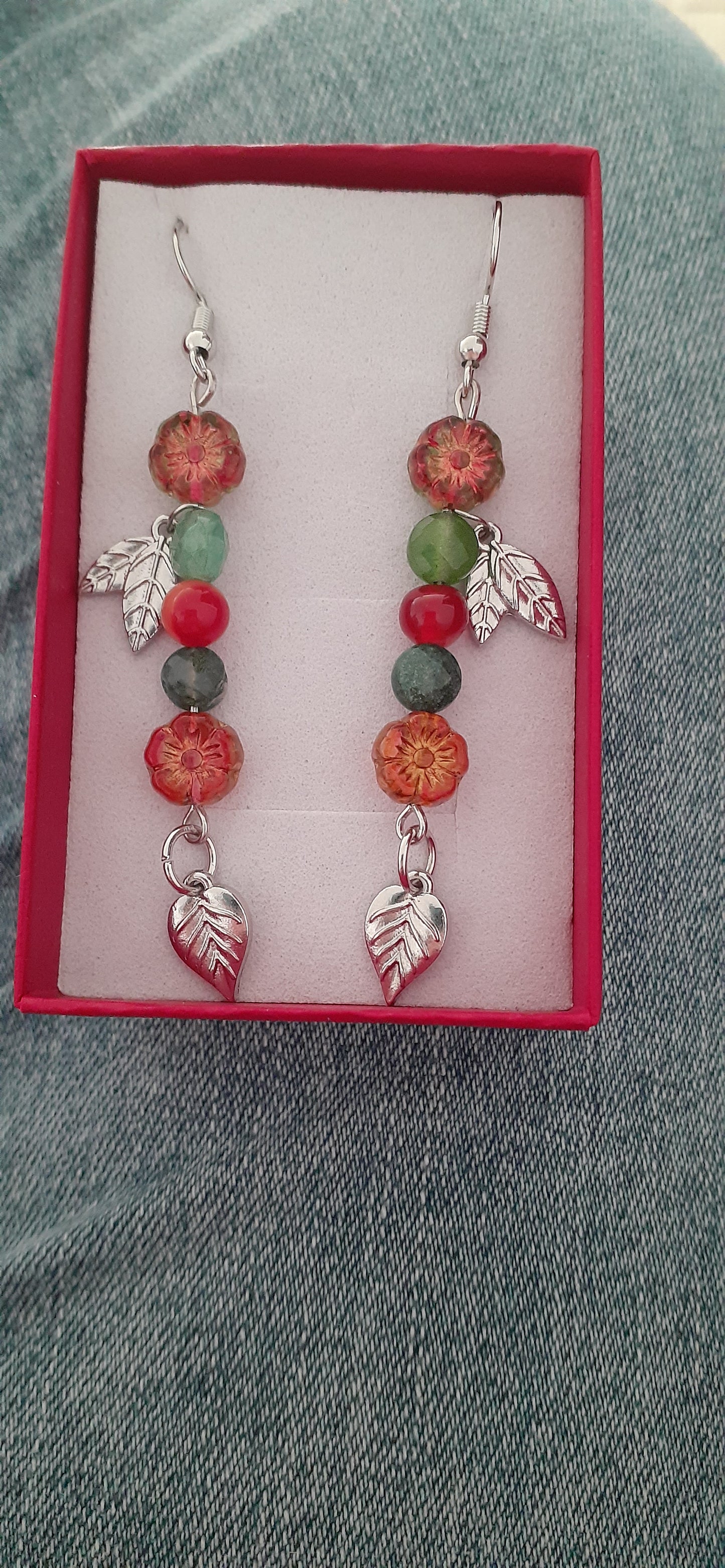 "Falling Into You" beaded drop earrings w/ leaf charms; Approx. 3" L