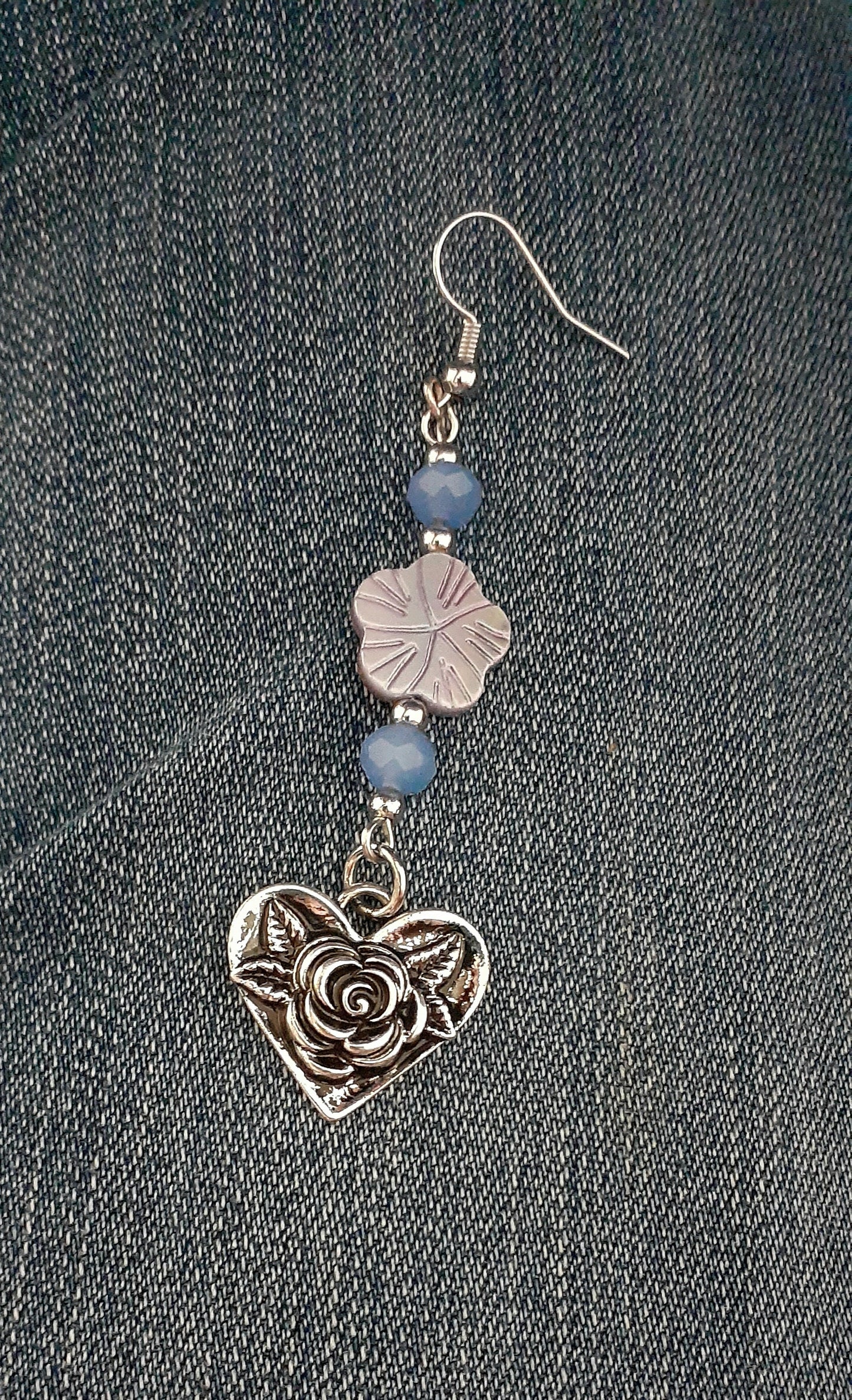 Rose Heart Charm beaded drop earrings, Approx. 3" L