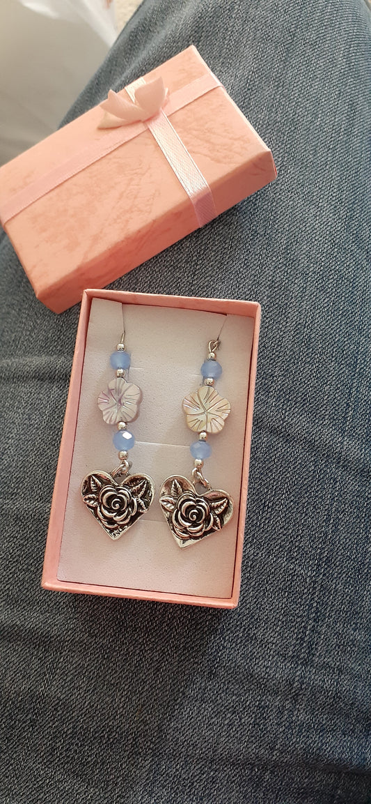 Rose Heart Charm beaded drop earrings, Approx. 3" L