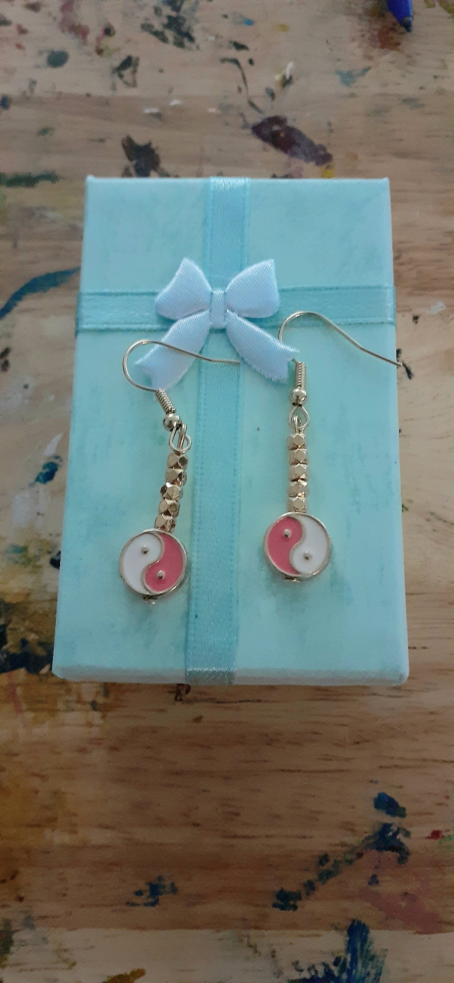 Ying-Yang Beaded Drop Earrings, 1" L