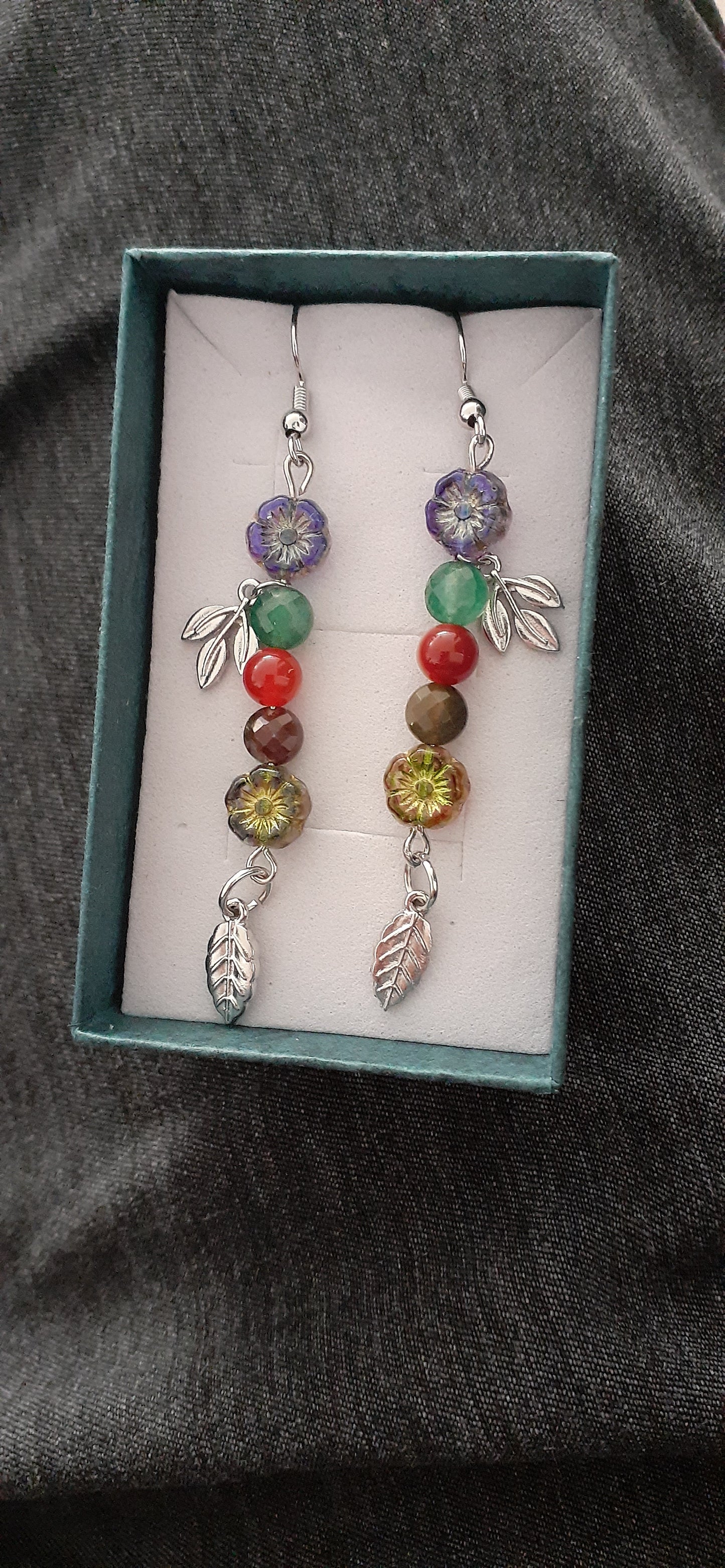 "Falling Into You" beaded drop earrings w/ leaf charms; Approx. 3" L