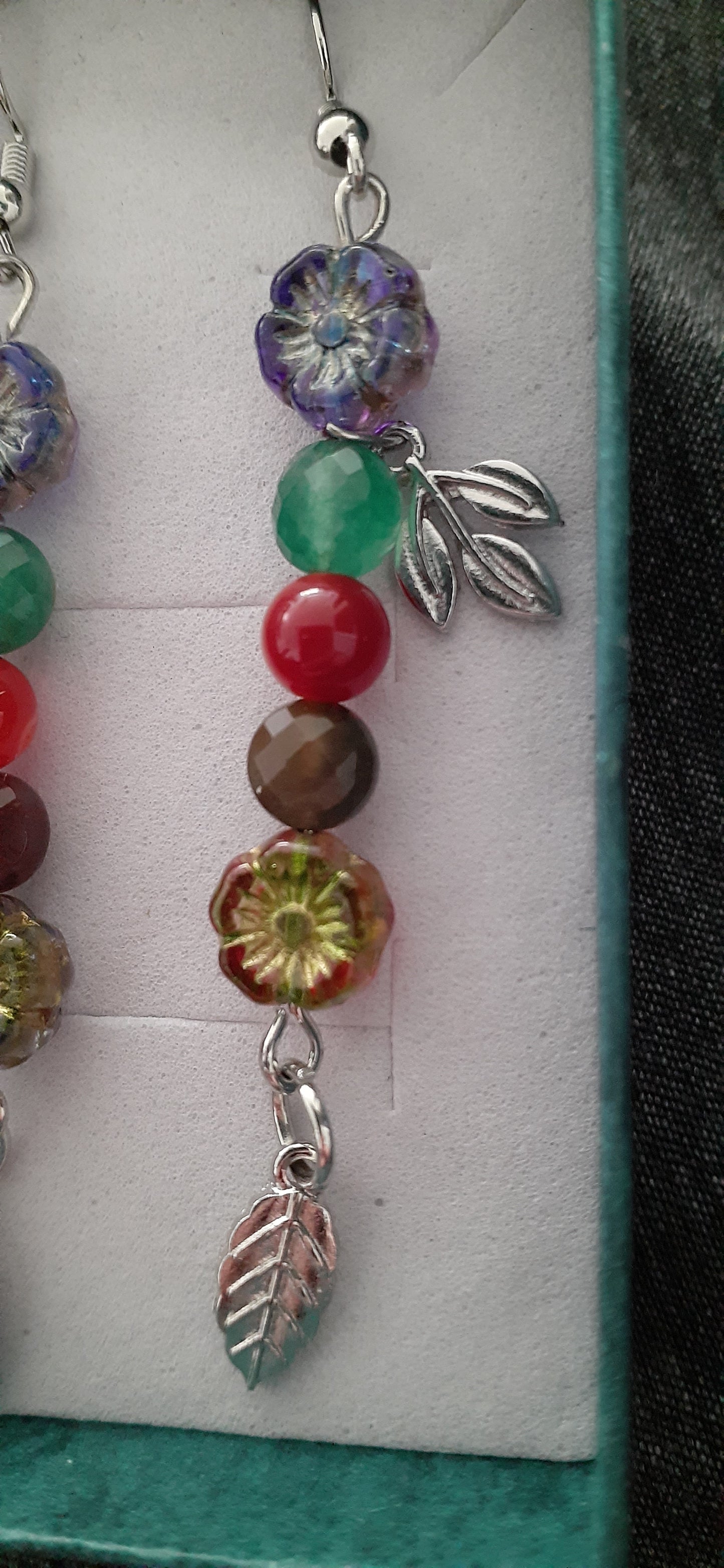 "Falling Into You" beaded drop earrings w/ leaf charms; Approx. 3" L