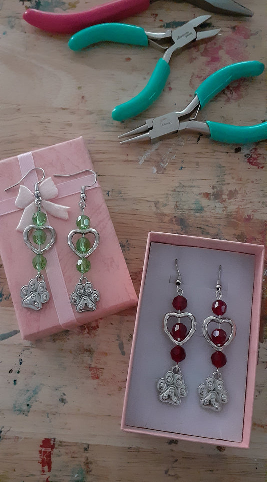"Like Paw Prints on My Heart" bead and charm dangle earrings; Approx. 2.5" L