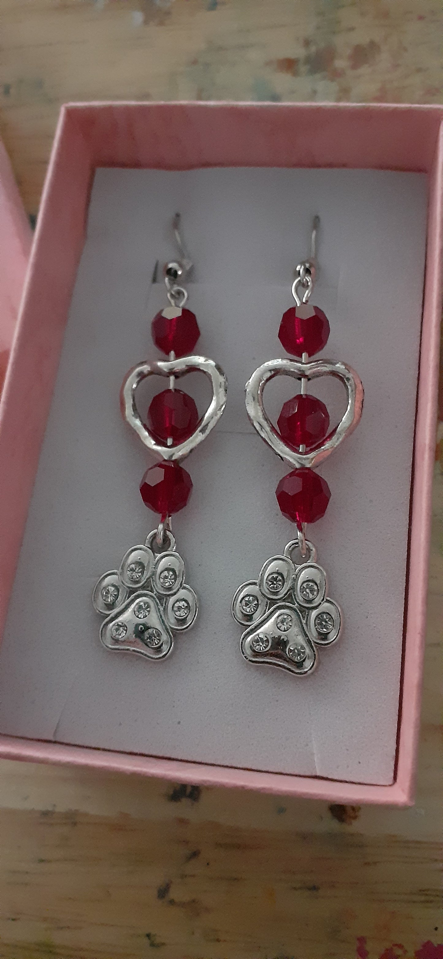 "Like Paw Prints on My Heart" bead and charm dangle earrings; Approx. 2.5" L