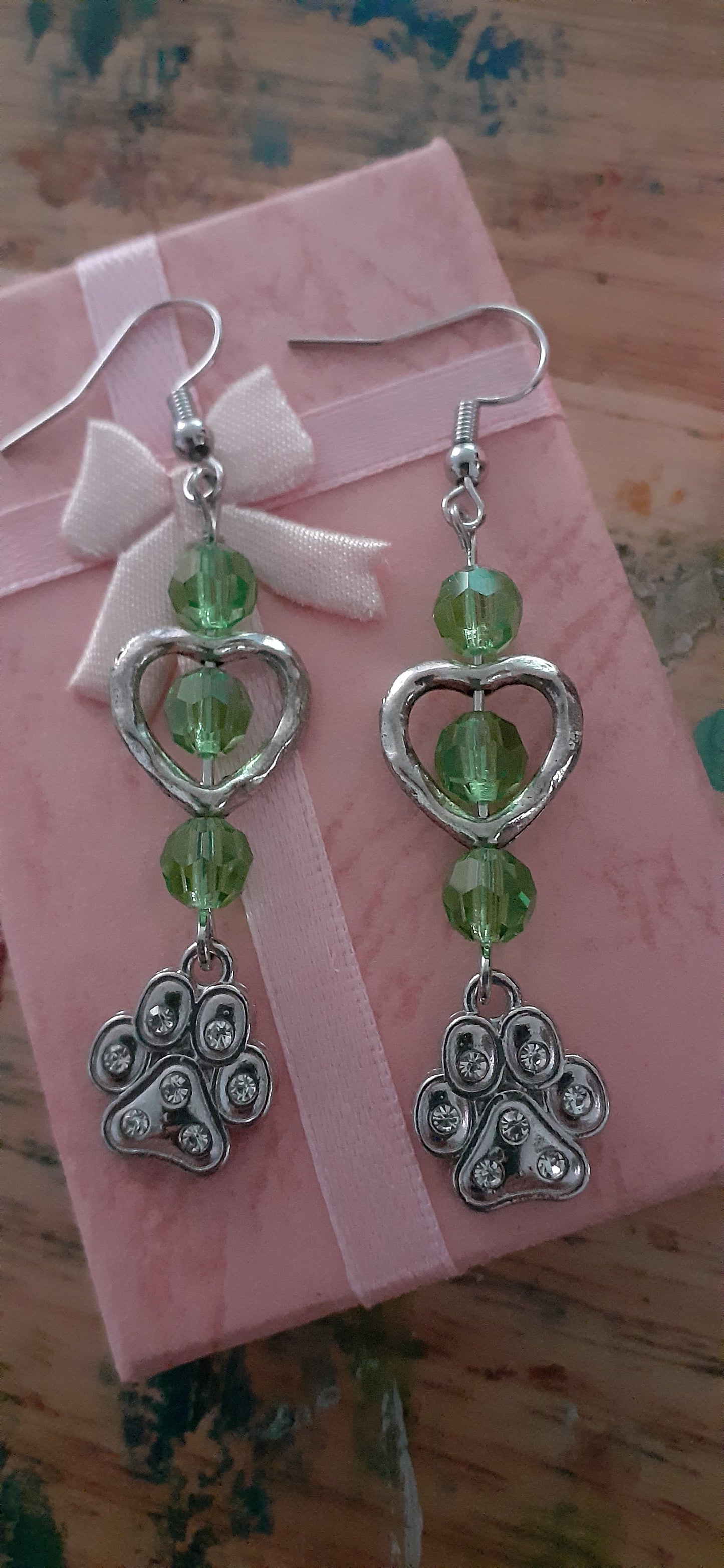 "Like Paw Prints on My Heart" bead and charm dangle earrings; Approx. 2.5" L