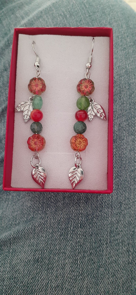 "Falling Into You" beaded drop earrings w/ leaf charms; Approx. 3" L