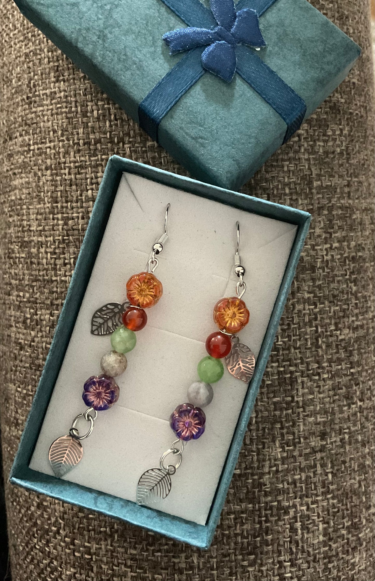 "Falling Into You" beaded drop earrings w/ leaf charms; Approx. 3" L